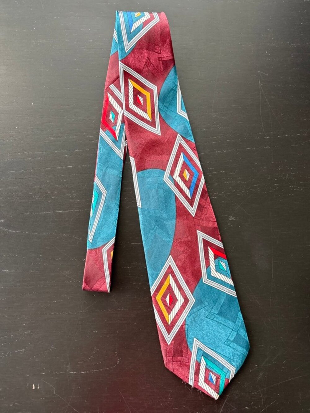 Serge Saint Yves Tie Men's Burgandy Terquoise Diamond Bold Pattern 61"L x 3.75"W